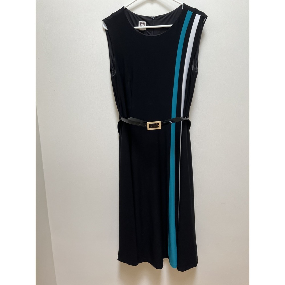 Anne Klein‎ Womens dress black w/ green and white Incl patent belt Sz 14 Swishy